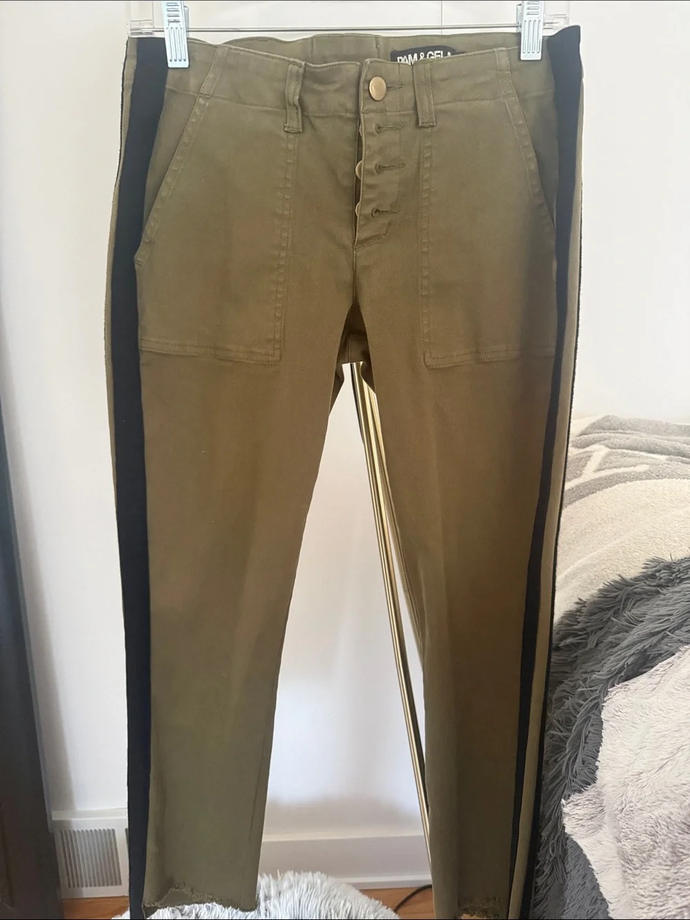 Pam & Gela Olive Green Cropped Chinos with Black Side Stripes